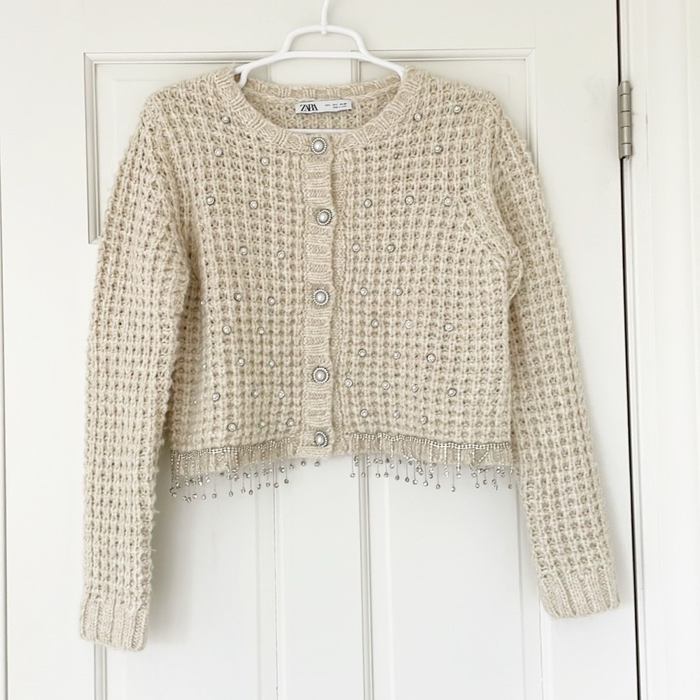 NWOT ZARA chunky knit cardigan sweater size L ivory cream white beaded pearls